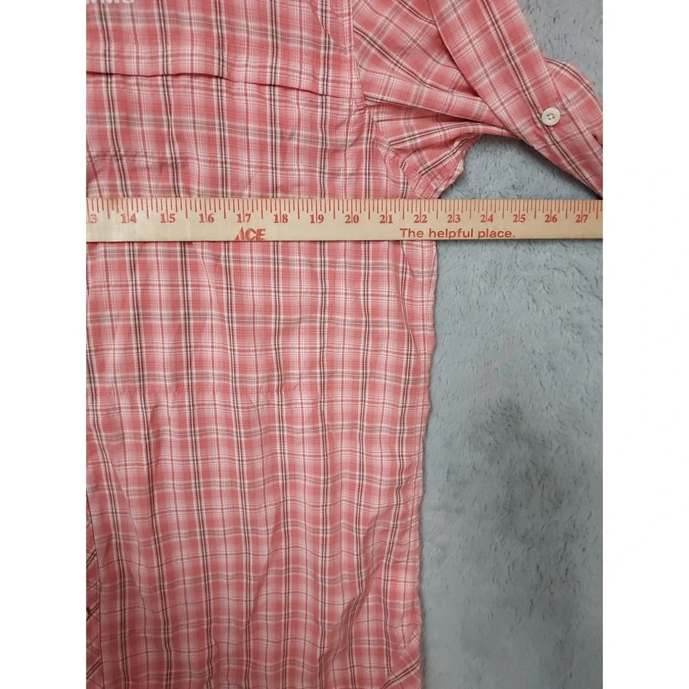 Simms Shirt Mens Large Fishing Plaid Long Sleeve Nylon Blend Pink Zip Pocket EUC